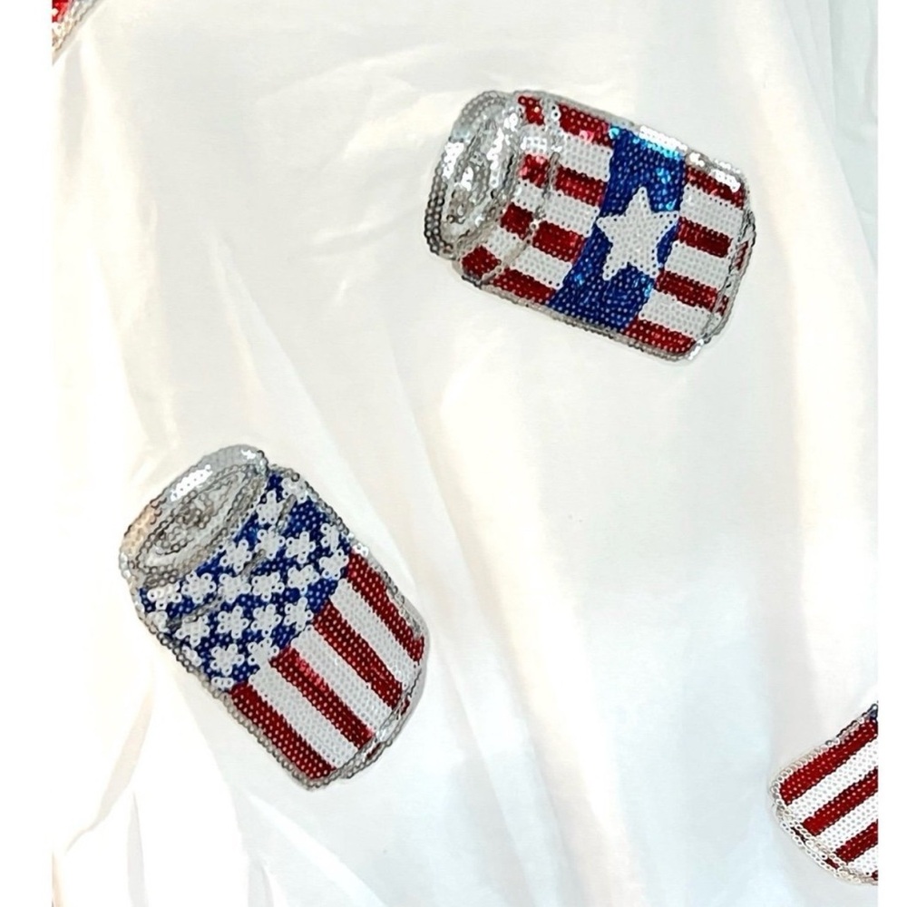 POODIT patriotic sequin beverage white oversized tunic tee S M L XL - Picture 6 of 7